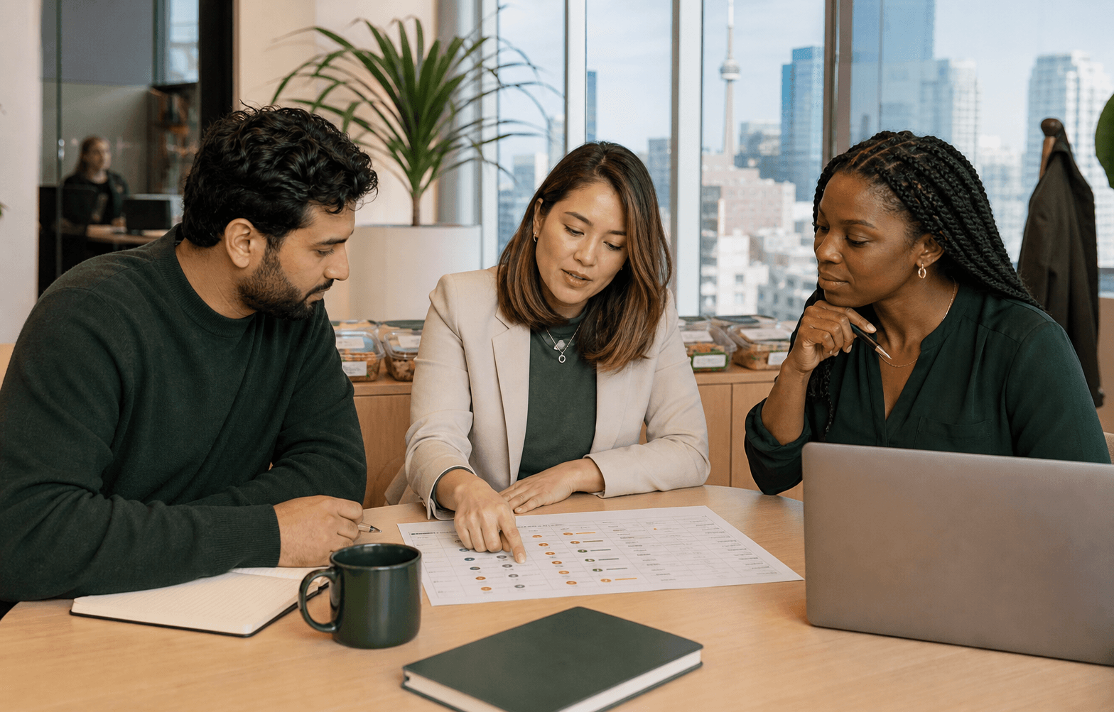 Office teammates reviewing an organized workplace meal plan together