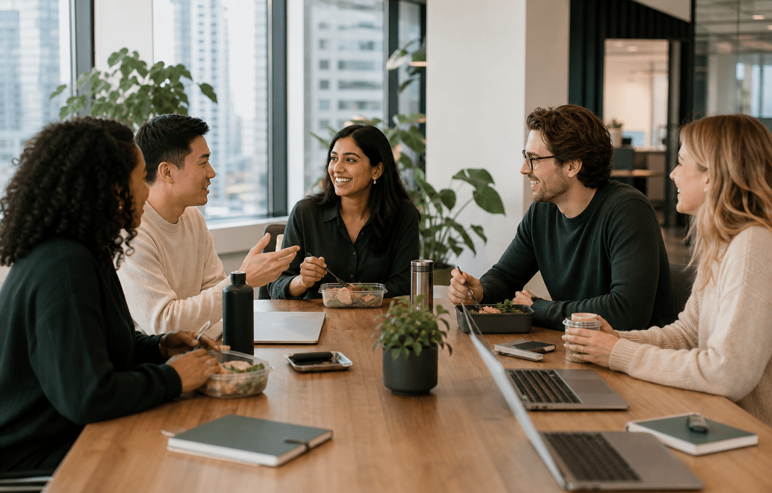 A Toronto office team sharing lunch together around a meeting table